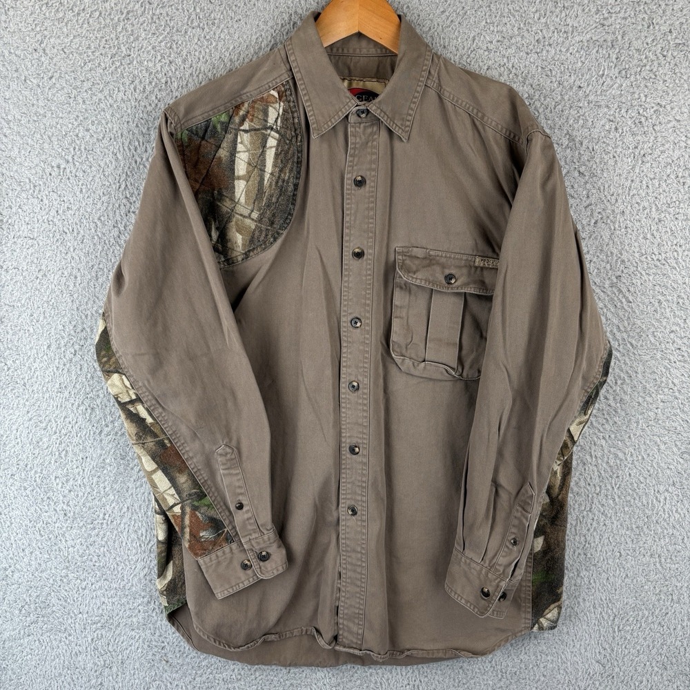 Wrangler Pro Gear Shooting Shirt Mens Large Tan Camo Trim Hunting Brushpopper
